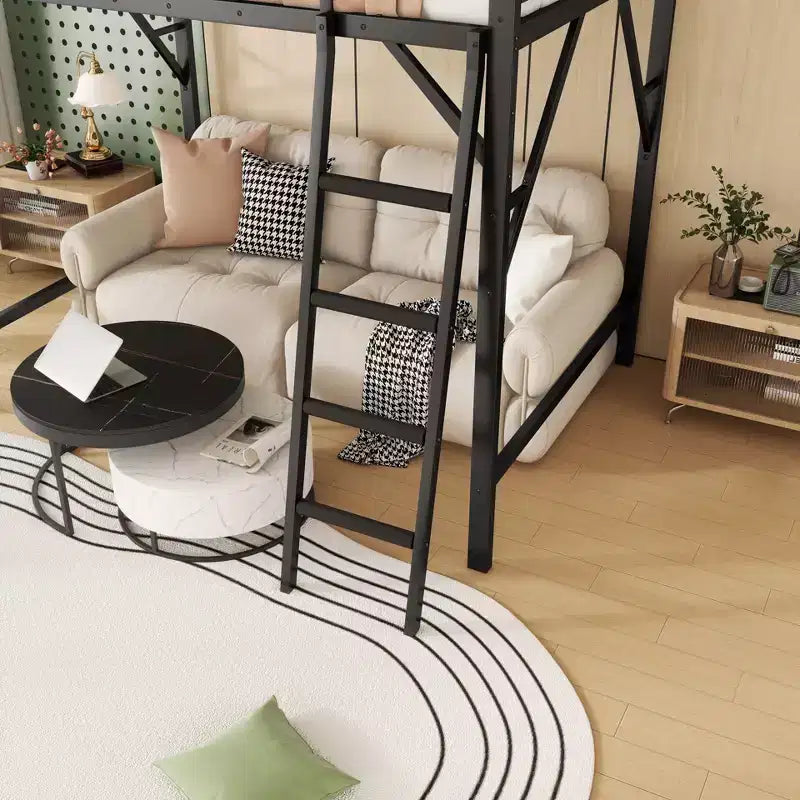 Letto a soppalco Queen Size con scala, letto a soppalco in metallo Queen con ripiani portaoggetti, letto a soppalco alto per bambini e ragazzi, nero