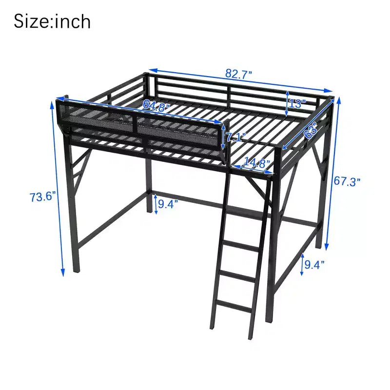 Letto a soppalco Queen Size con scala, letto a soppalco in metallo Queen con ripiani portaoggetti, letto a soppalco alto per bambini e ragazzi, nero