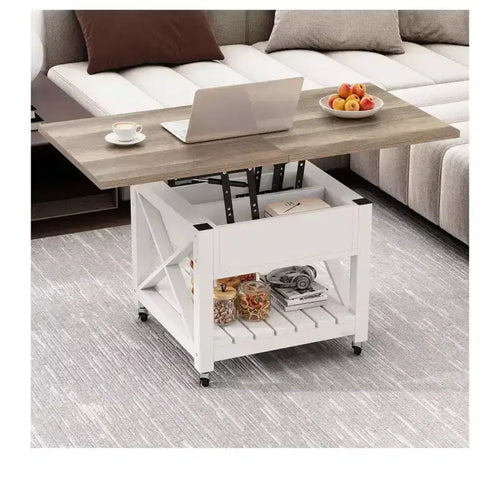 3-In-1 Lift Top Square Coffee Table With Wheels Stools Multi-Function 2 Tier Dining Table With Hidden and Open Storage Living Room Dining Room