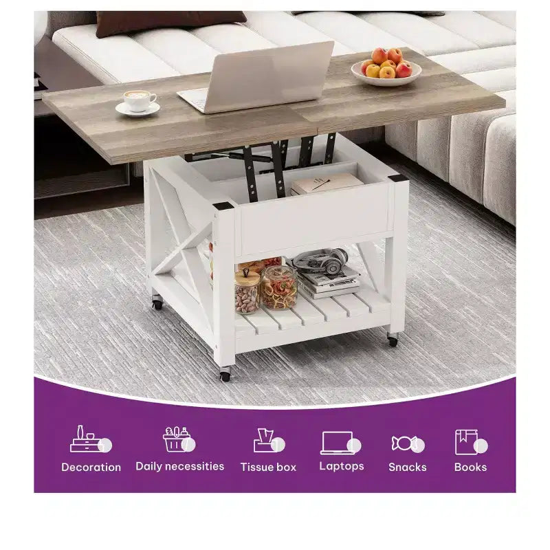 Tavolino da salotto quadrato 3-in-1 sollevabile con ruote e sgabelli, multifunzionale a 2 livelli, con contenitore nascosto e aperto, per soggiorno e sala da pranzo