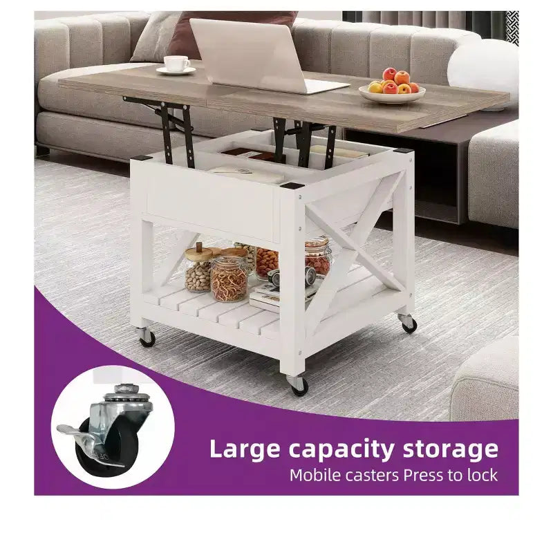 Tavolino da salotto quadrato 3-in-1 sollevabile con ruote e sgabelli, multifunzionale a 2 livelli, con contenitore nascosto e aperto, per soggiorno e sala da pranzo