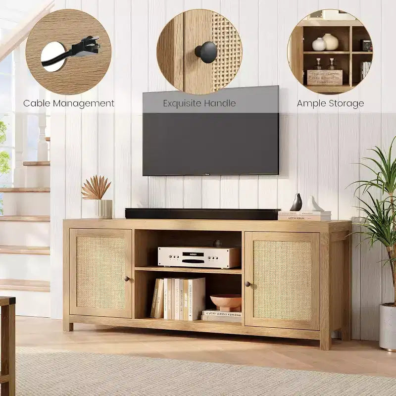 Mobile TV in rattan, mobile porta TV in stile bohémien con 2 ripiani, mobile console in legno per TV e media per soggiorno