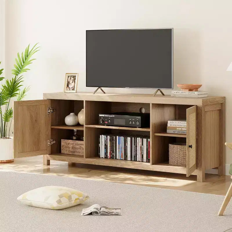 Mobile TV in rattan, mobile porta TV in stile bohémien con 2 ripiani, mobile console in legno per TV e media per soggiorno