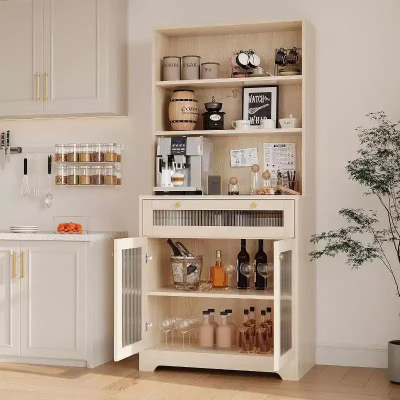 Dispensa da Cucina con Ante in Vetro, Ripiano Aperto a 3 Livelli e Cassetto, Ripiani Regolabili, Tavolo da Bar per Caffè per Cucina e Sala da Pranzo, Bianco