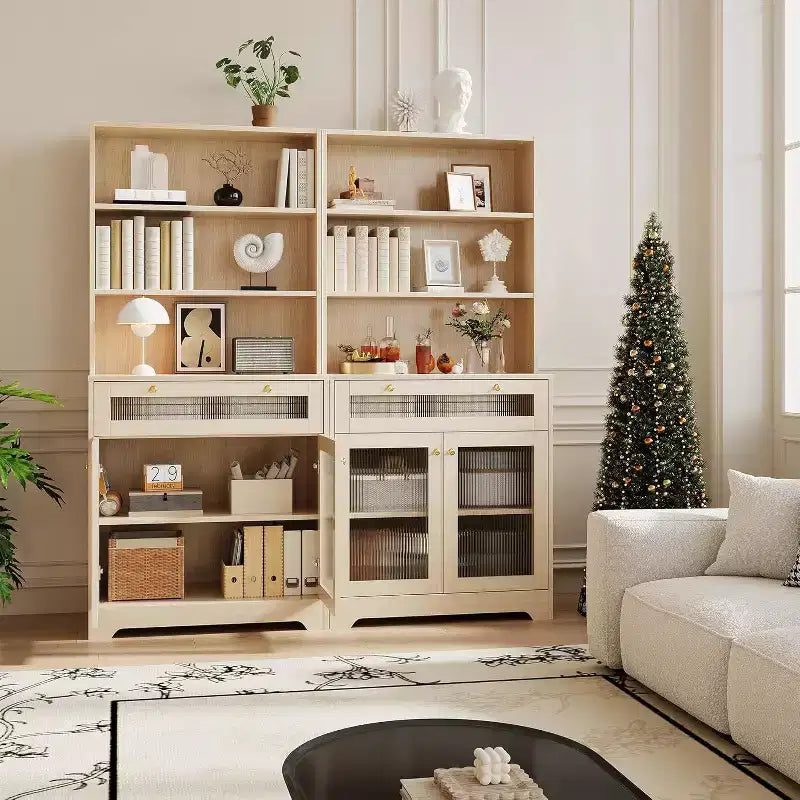 Dispensa da Cucina con Ante in Vetro, Ripiano Aperto a 3 Livelli e Cassetto, Ripiani Regolabili, Tavolo da Bar per Caffè per Cucina e Sala da Pranzo, Bianco
