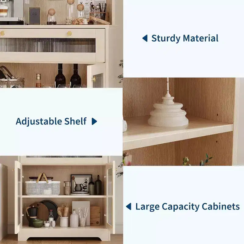 Dispensa da Cucina con Ante in Vetro, Ripiano Aperto a 3 Livelli e Cassetto, Ripiani Regolabili, Tavolo da Bar per Caffè per Cucina e Sala da Pranzo, Bianco