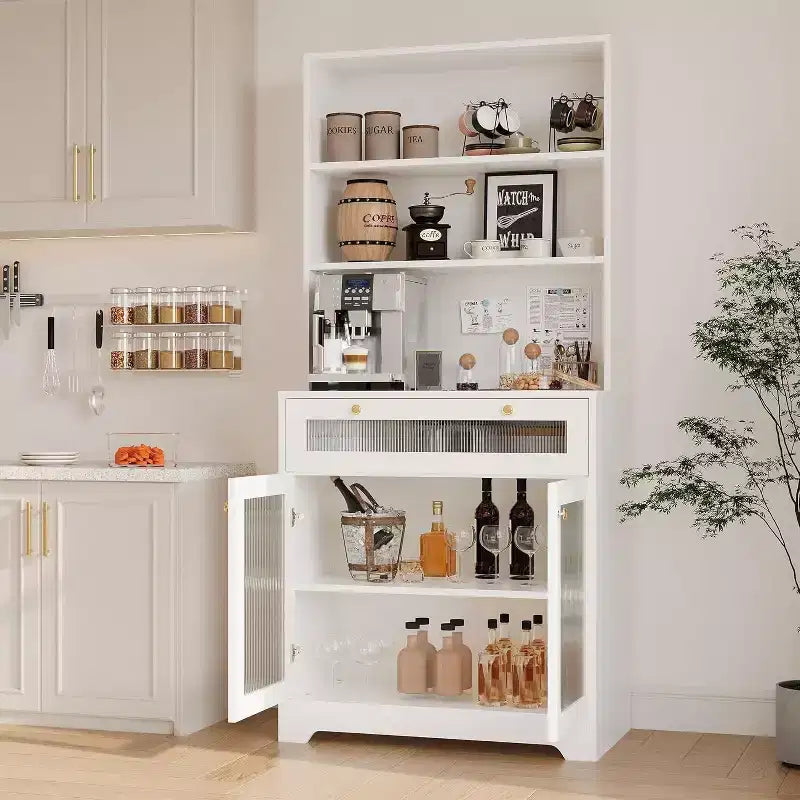Dispensa da Cucina con Ante in Vetro, Ripiano Aperto a 3 Livelli e Cassetto, Ripiani Regolabili, Tavolo da Bar per Caffè per Cucina e Sala da Pranzo, Bianco