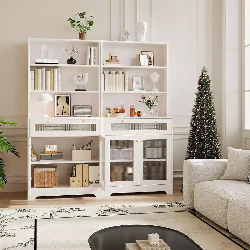 Dispensa da Cucina con Ante in Vetro, Ripiano Aperto a 3 Livelli e Cassetto, Ripiani Regolabili, Tavolo da Bar per Caffè per Cucina e Sala da Pranzo, Bianco