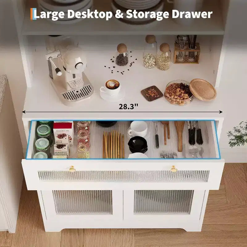 Dispensa da Cucina con Ante in Vetro, Ripiano Aperto a 3 Livelli e Cassetto, Ripiani Regolabili, Tavolo da Bar per Caffè per Cucina e Sala da Pranzo, Bianco