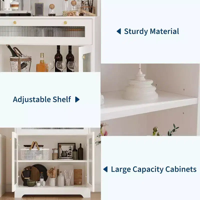 Dispensa da Cucina con Ante in Vetro, Ripiano Aperto a 3 Livelli e Cassetto, Ripiani Regolabili, Tavolo da Bar per Caffè per Cucina e Sala da Pranzo, Bianco