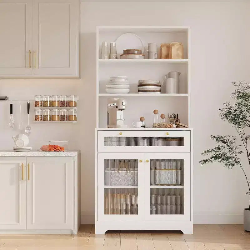 Acekool Kitchen Pantry Cabinet with Glass Doors, 3-Tier Open Shelf & Drawer, Adjustable Shelves, Coffee Bar Table for Kitchen & Dining Room, White