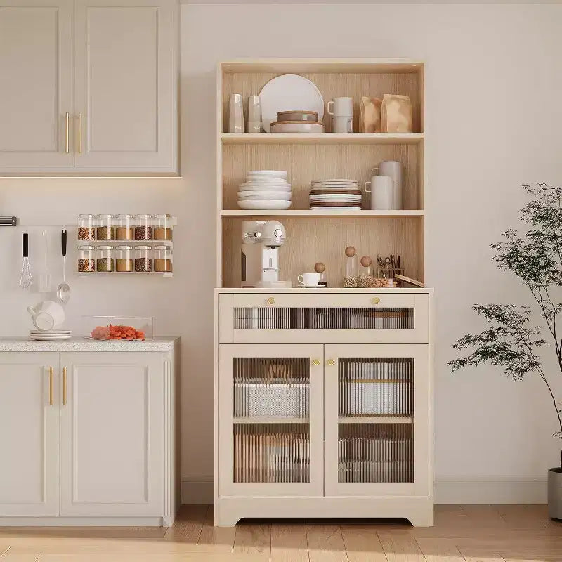 Dispensa da Cucina con Ante in Vetro, Ripiano Aperto a 3 Livelli e Cassetto, Ripiani Regolabili, Tavolo da Bar per Caffè per Cucina e Sala da Pranzo, Bianco