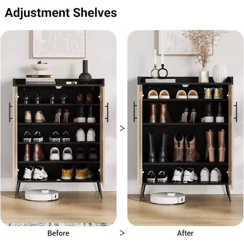 Scarpiera a 6 Ripiani in Rattan - Organizer Regolabile con Ante per Ingresso, Corridoio e Armadio, Tessitura Naturale
