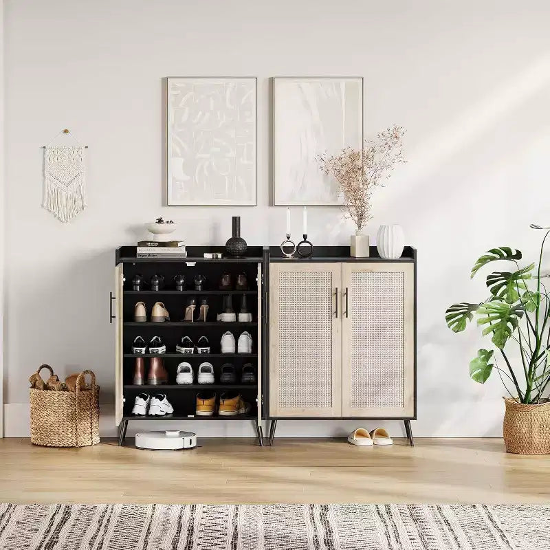 Scarpiera a 6 Ripiani in Rattan - Organizer Regolabile con Ante per Ingresso, Corridoio e Armadio, Tessitura Naturale