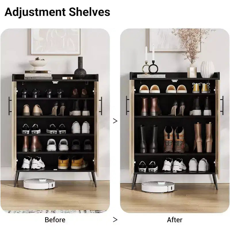 Scarpiera a 6 Ripiani in Rattan - Organizer Regolabile con Ante per Ingresso, Corridoio e Armadio, Tessitura Naturale