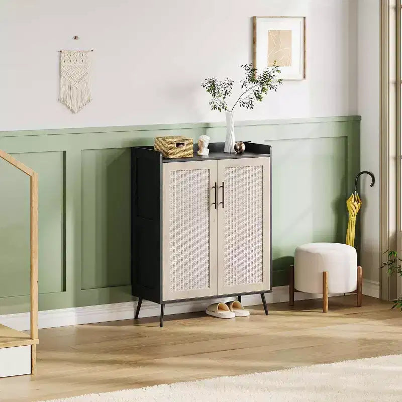 Scarpiera a 6 Ripiani in Rattan - Organizer Regolabile con Ante per Ingresso, Corridoio e Armadio, Tessitura Naturale