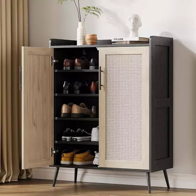Scarpiera a 6 Ripiani in Rattan - Organizer Regolabile con Ante per Ingresso, Corridoio e Armadio, Tessitura Naturale
