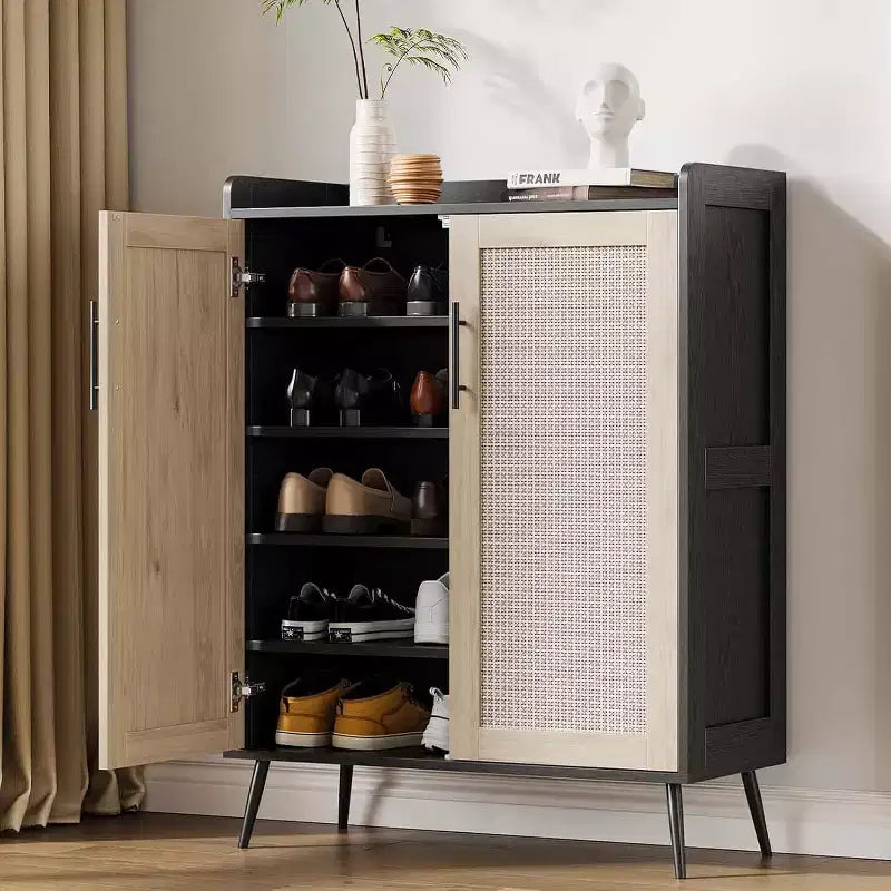 Scarpiera a 6 Ripiani in Rattan - Organizer Regolabile con Ante per Ingresso, Corridoio e Armadio, Tessitura Naturale