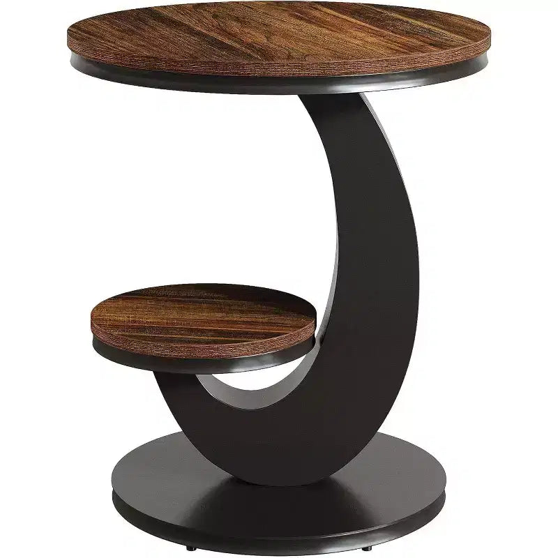Lantine Round End Table, 2-Tier Side Table, Wood Bedside Nightstand with Metal Arc-Shaped Frame for Small Spaces, Living Room, Bedroom
