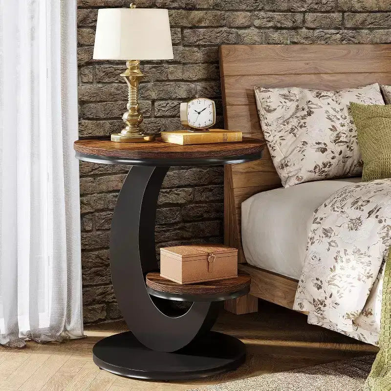 Tavolino rotondo, Tavolino d'appoggio a 2 ripiani, Comodino in legno con struttura in metallo ad arco per piccoli spazi, Soggiorno, Camera da letto