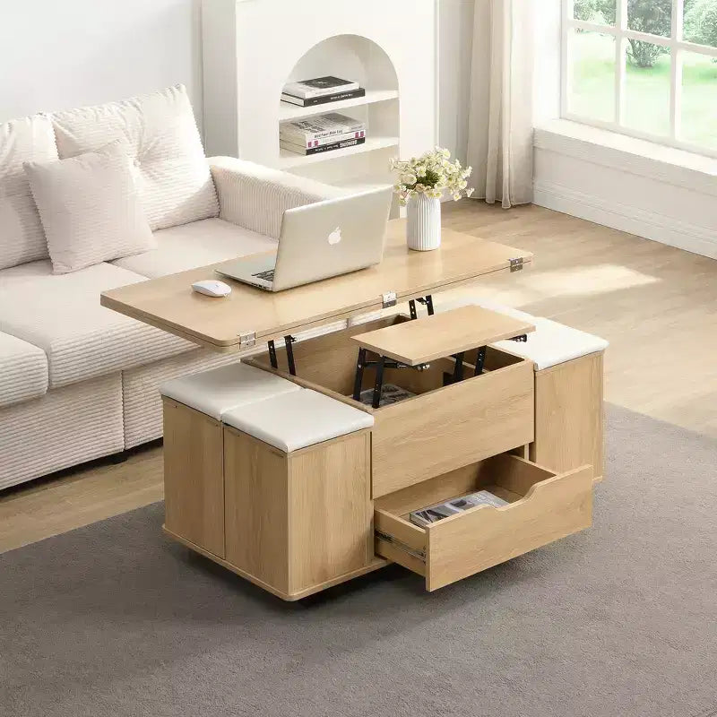 Tavolino da caffè multifunzione moderno con piano sollevabile e vano portaoggetti nascosto, 4 sgabelli e rotelle, perfetto per spazi abitativi moderni