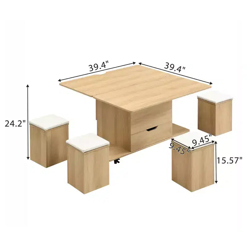 Tavolino da caffè multifunzione moderno con piano sollevabile e vano portaoggetti nascosto, 4 sgabelli e rotelle, perfetto per spazi abitativi moderni