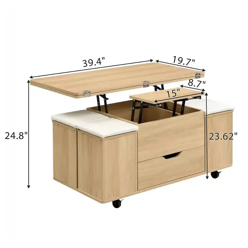 Tavolino da caffè multifunzione moderno con piano sollevabile e vano portaoggetti nascosto, 4 sgabelli e rotelle, perfetto per spazi abitativi moderni