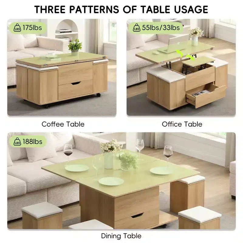 Tavolino da caffè multifunzione moderno con piano sollevabile e vano portaoggetti nascosto, 4 sgabelli e rotelle, perfetto per spazi abitativi moderni