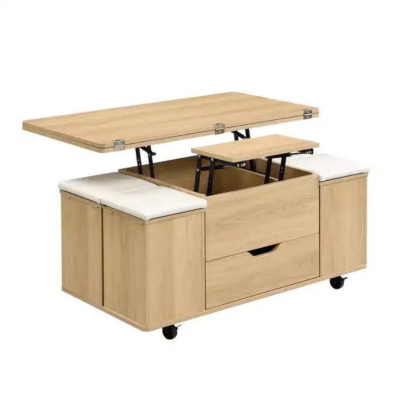 Tavolino da caffè multifunzione moderno con piano sollevabile e vano portaoggetti nascosto, 4 sgabelli e rotelle, perfetto per spazi abitativi moderni
