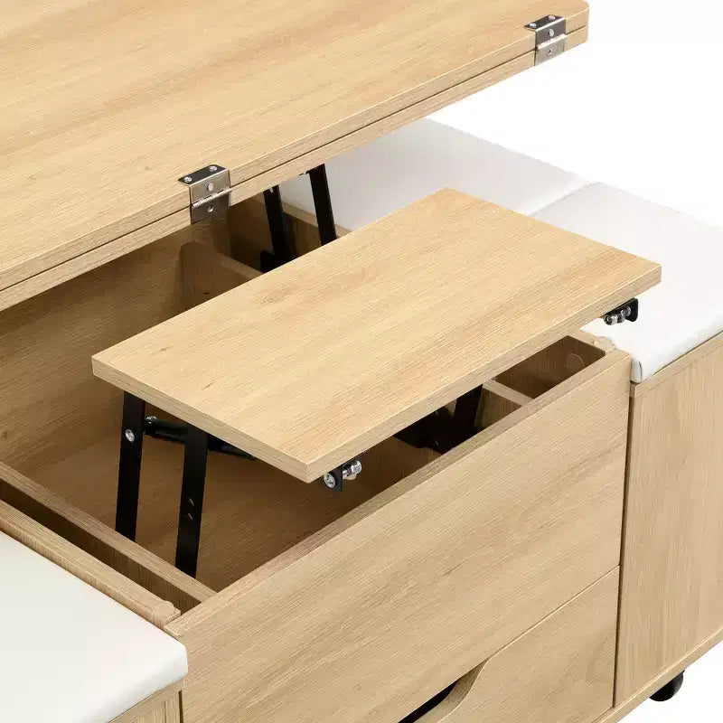 Tavolino da caffè multifunzione moderno con piano sollevabile e vano portaoggetti nascosto, 4 sgabelli e rotelle, perfetto per spazi abitativi moderni