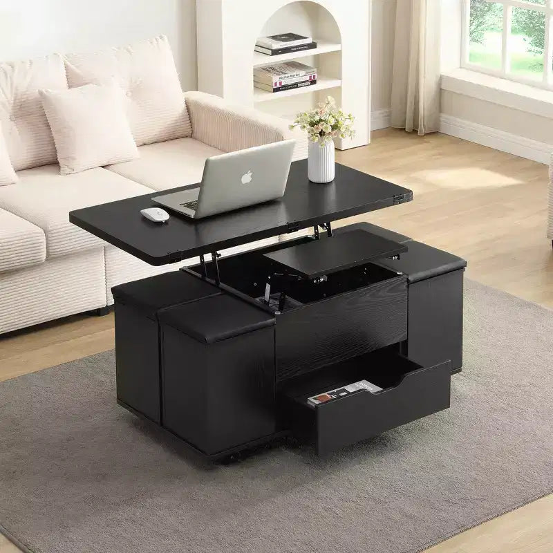Tavolino da caffè multifunzione moderno con piano sollevabile e vano portaoggetti nascosto, 4 sgabelli e rotelle, perfetto per spazi abitativi moderni