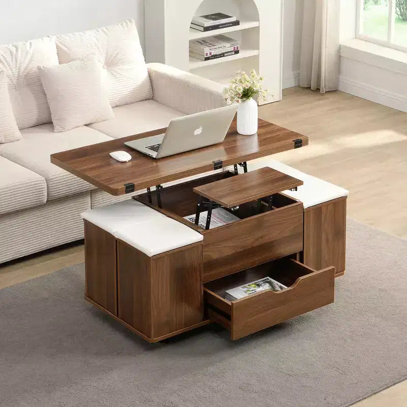 Tavolino da caffè multifunzione moderno con piano sollevabile e vano portaoggetti nascosto, 4 sgabelli e rotelle, perfetto per spazi abitativi moderni