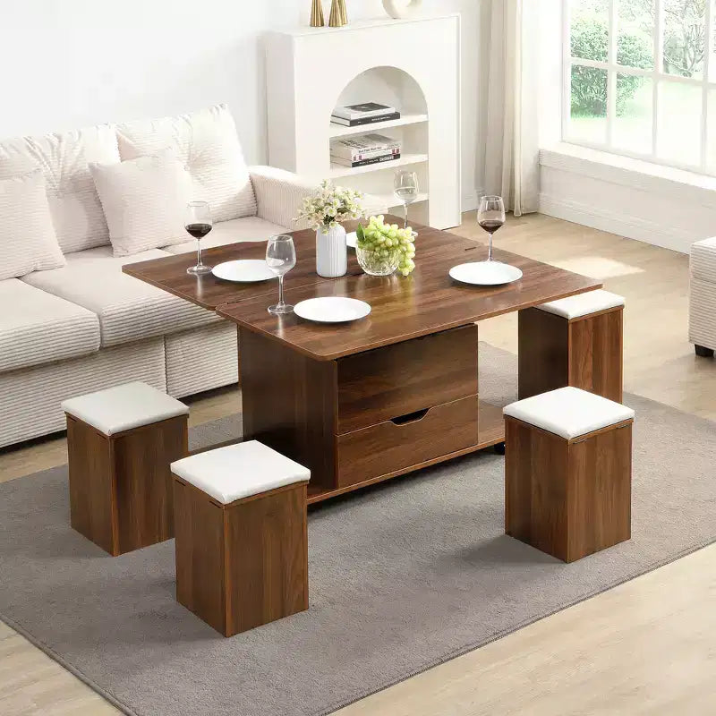 Tavolino da caffè multifunzione moderno con piano sollevabile e vano portaoggetti nascosto, 4 sgabelli e rotelle, perfetto per spazi abitativi moderni
