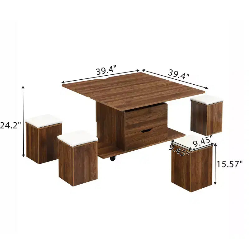 Tavolino da caffè multifunzione moderno con piano sollevabile e vano portaoggetti nascosto, 4 sgabelli e rotelle, perfetto per spazi abitativi moderni