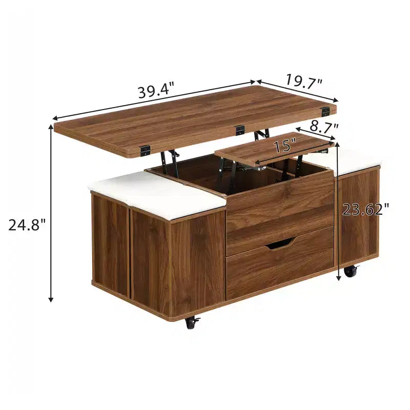 Tavolino da caffè multifunzione moderno con piano sollevabile e vano portaoggetti nascosto, 4 sgabelli e rotelle, perfetto per spazi abitativi moderni