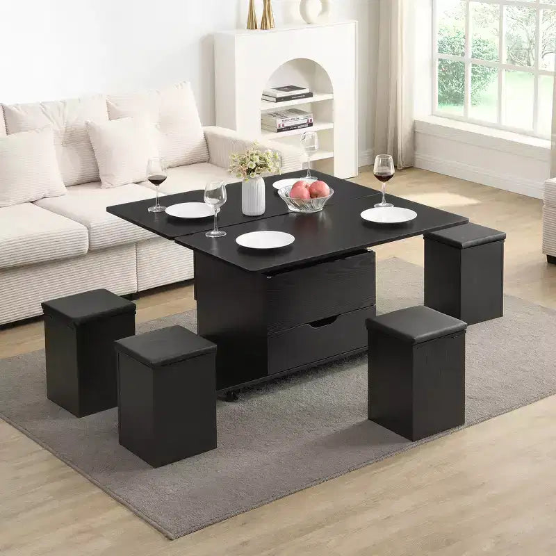 Tavolino da caffè multifunzione moderno con piano sollevabile e vano portaoggetti nascosto, 4 sgabelli e rotelle, perfetto per spazi abitativi moderni