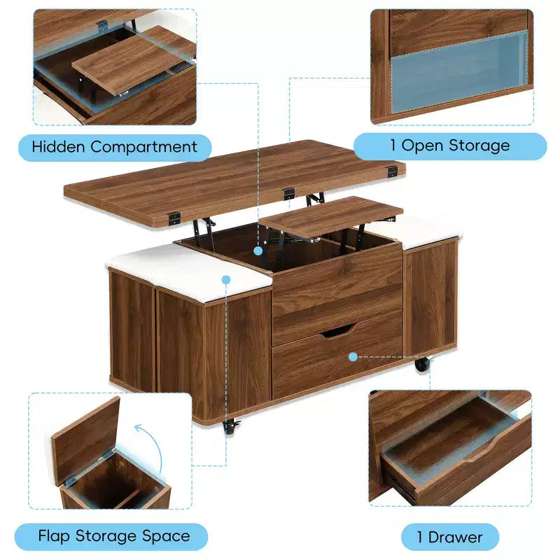 Tavolino da caffè multifunzione moderno con piano sollevabile e vano portaoggetti nascosto, 4 sgabelli e rotelle, perfetto per spazi abitativi moderni