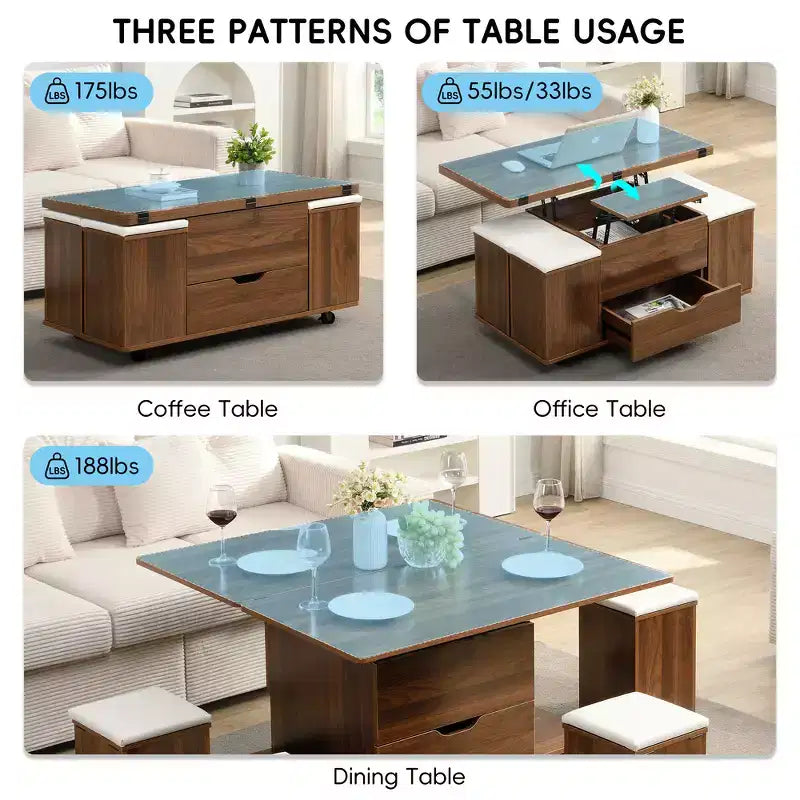 Tavolino da caffè multifunzione moderno con piano sollevabile e vano portaoggetti nascosto, 4 sgabelli e rotelle, perfetto per spazi abitativi moderni