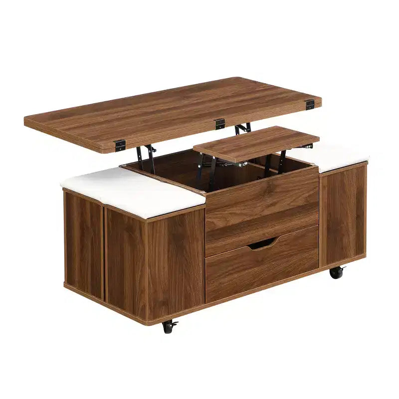 Tavolino da caffè multifunzione moderno con piano sollevabile e vano portaoggetti nascosto, 4 sgabelli e rotelle, perfetto per spazi abitativi moderni