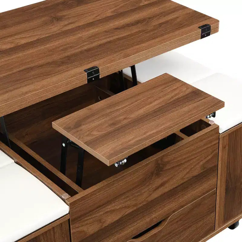 Tavolino da caffè multifunzione moderno con piano sollevabile e vano portaoggetti nascosto, 4 sgabelli e rotelle, perfetto per spazi abitativi moderni