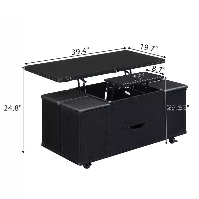 Tavolino da caffè multifunzione moderno con piano sollevabile e vano portaoggetti nascosto, 4 sgabelli e rotelle, perfetto per spazi abitativi moderni