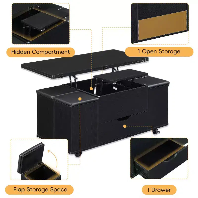 Tavolino da caffè multifunzione moderno con piano sollevabile e vano portaoggetti nascosto, 4 sgabelli e rotelle, perfetto per spazi abitativi moderni