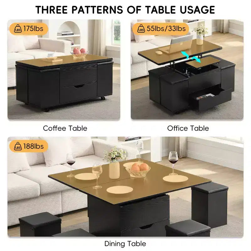 Tavolino da caffè multifunzione moderno con piano sollevabile e vano portaoggetti nascosto, 4 sgabelli e rotelle, perfetto per spazi abitativi moderni