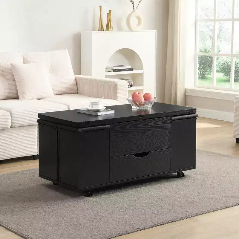 Zeus & Ruta Multi-Function Modern Lift-Top Coffee Table with Hidden Storage, 4 Stools and Casters, Perfect for Modern Living Spaces