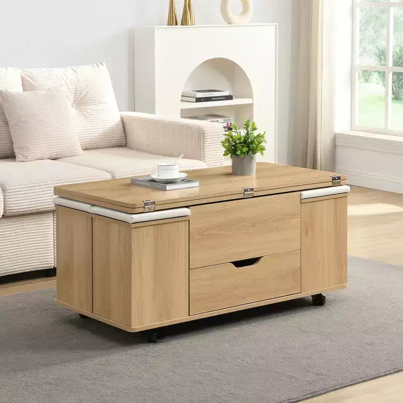 Tavolino da caffè multifunzione moderno con piano sollevabile e vano portaoggetti nascosto, 4 sgabelli e rotelle, perfetto per spazi abitativi moderni
