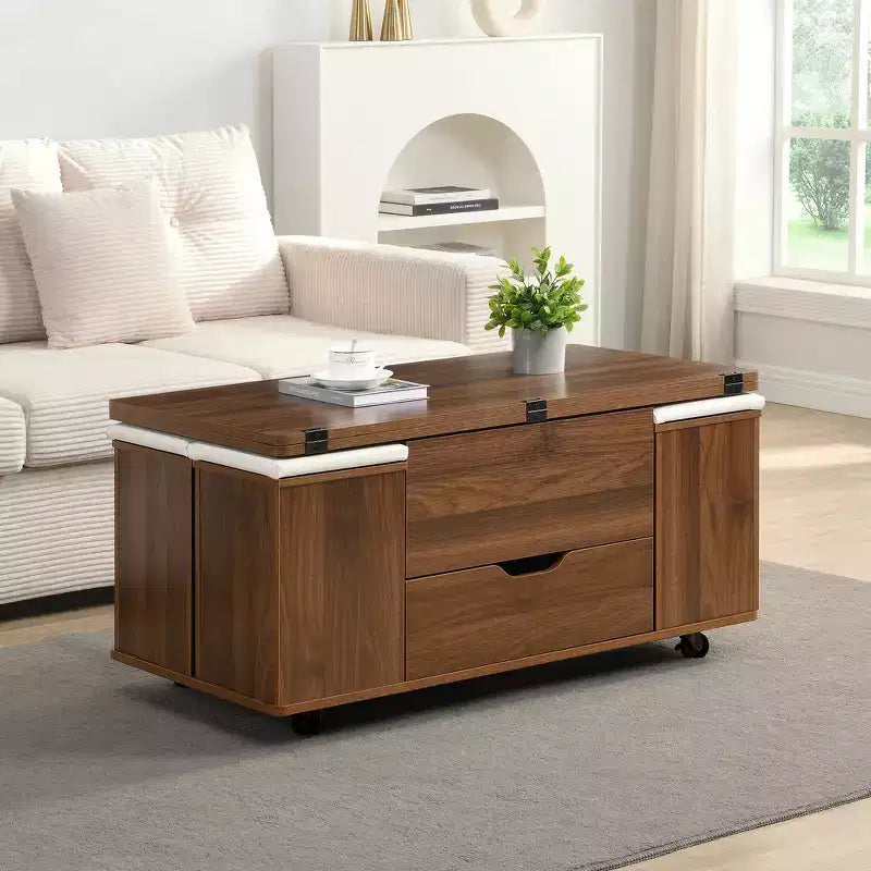 Tavolino da caffè multifunzione moderno con piano sollevabile e vano portaoggetti nascosto, 4 sgabelli e rotelle, perfetto per spazi abitativi moderni