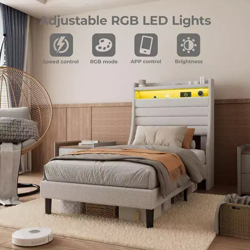 Modern Twin Bed Frame, Comfy Upholstered Platforms Bed with Wood Slat, Led Lights and Charging Station, No Box Spring Needed, Easy Assembly, Beige