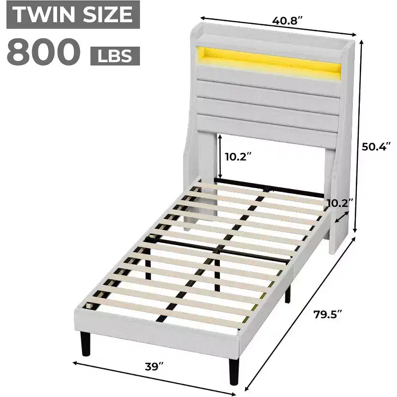 Struttura letto matrimoniale singolo moderna, comodo letto a piattaforma imbottito con doghe in legno, luci a LED e stazione di ricarica, non richiede rete a molle, facile da montare, beige