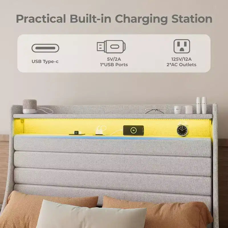 Struttura letto matrimoniale singolo moderna, comodo letto a piattaforma imbottito con doghe in legno, luci a LED e stazione di ricarica, non richiede rete a molle, facile da montare, beige