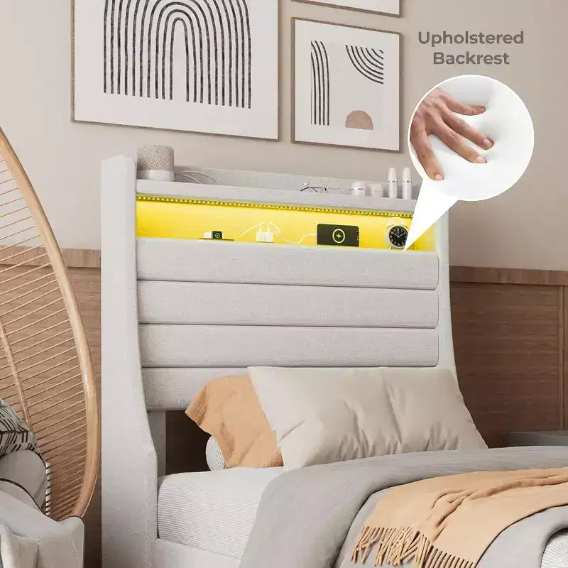 Struttura letto matrimoniale singolo moderna, comodo letto a piattaforma imbottito con doghe in legno, luci a LED e stazione di ricarica, non richiede rete a molle, facile da montare, beige